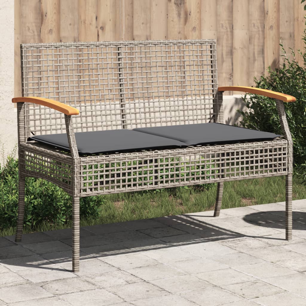 Gartenbank mit Kissen Schwarz Poly Rattan Akazienholz