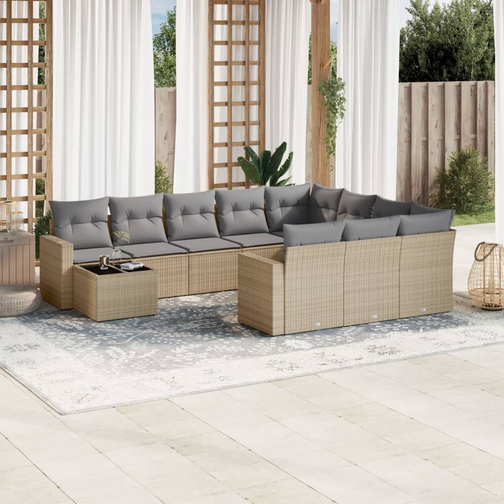 11-tlg. Garten-Sofagarnitur mit Kissen Schwarz Poly Rattan