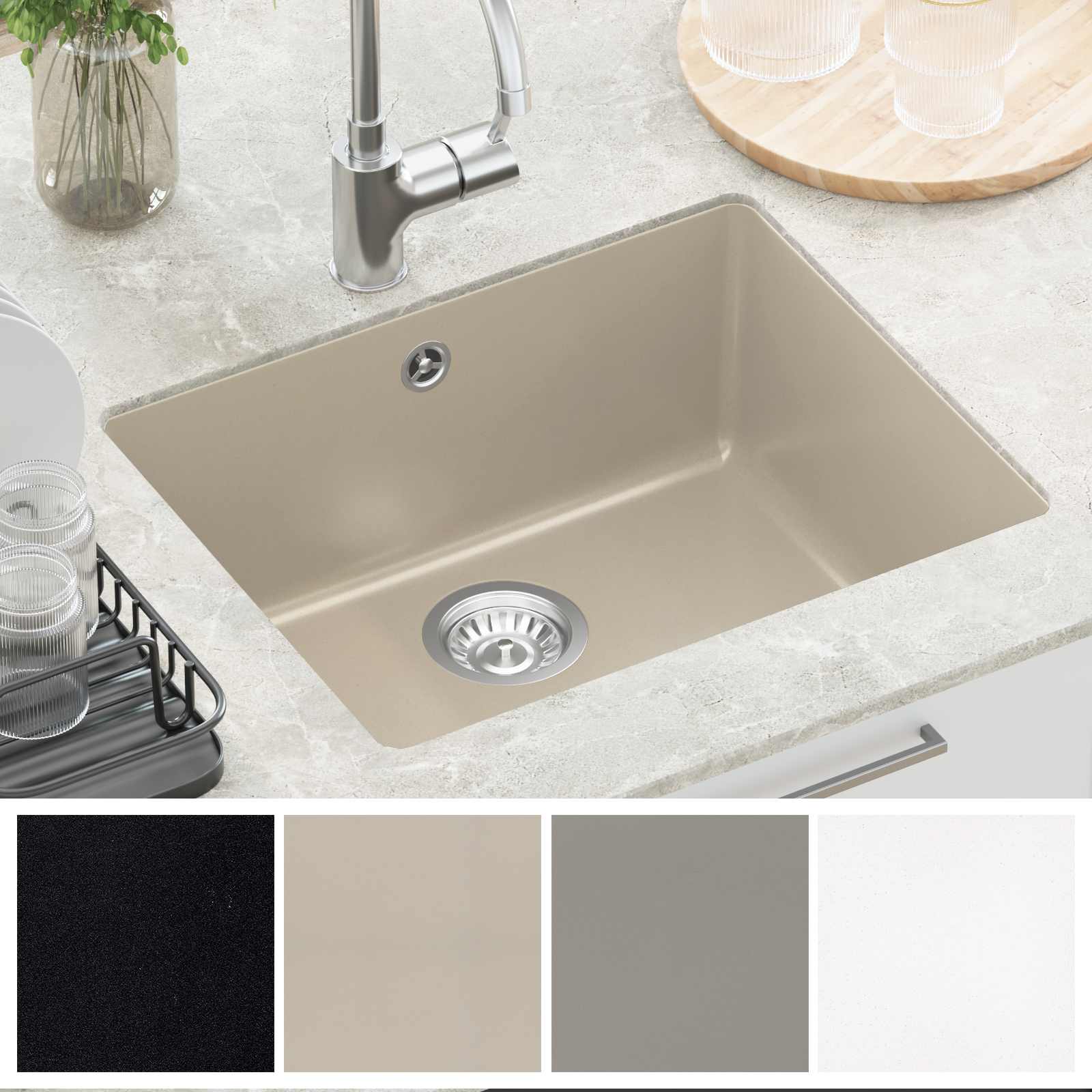 Waschbecken Schwarz 370 x 460 mm 80% Quarz und 20% Harz