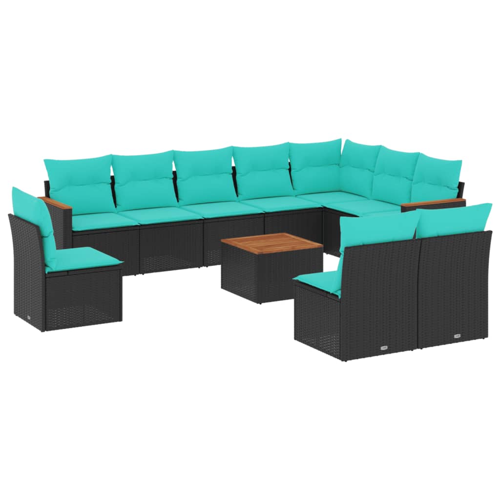 10-teiliges Gartensofa-Set mit Kissen, schwarzes Polyrattan