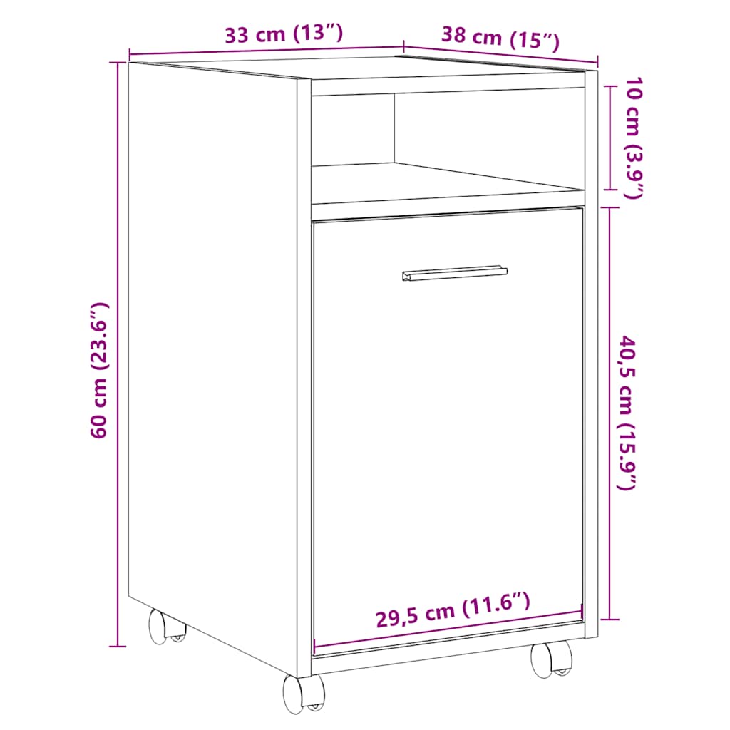 Beistellschrank mit Rollen Weiß 33x38x60 cm Holzwerkstoff