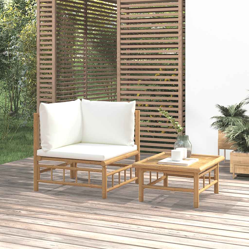 3-tlg. Garten-Lounge-Set mit Kissen Creme Bambus