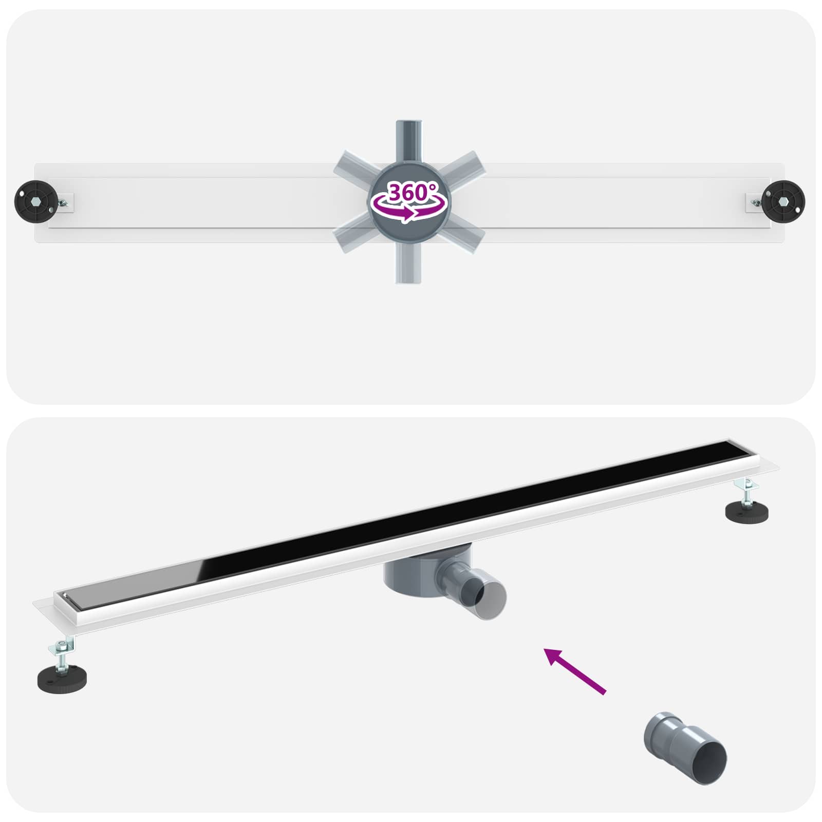 Duschabfluss mit Glashülle und 360° Siphon Schwarz 50 cm