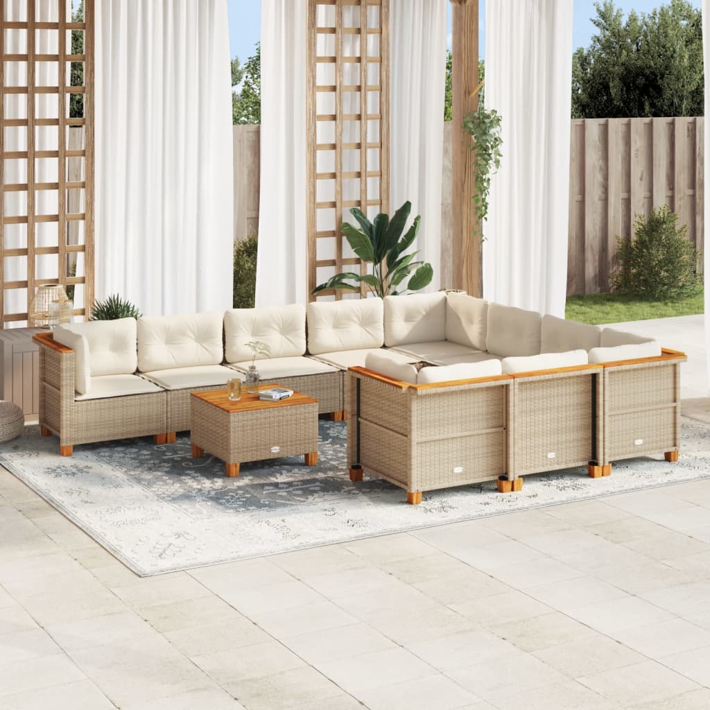 10-tlg. Garten-Sofagarnitur mit Kissen Beige Poly Rattan