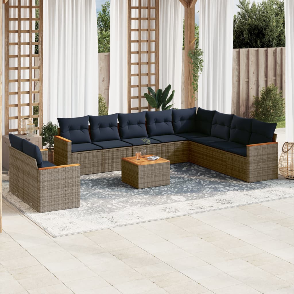 10-teiliges Gartensofa-Set mit Kissen, schwarzes Polyrattan