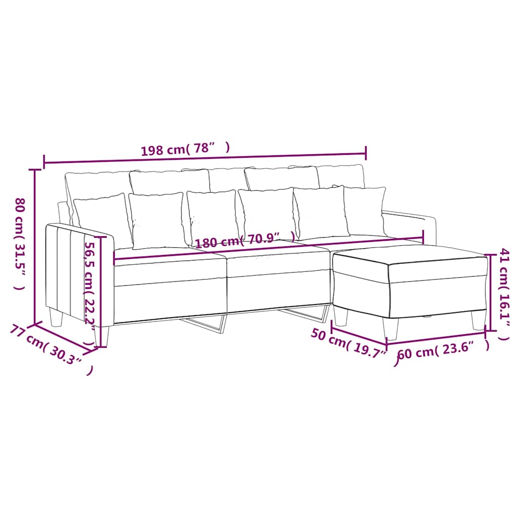 3-Sitzer-Sofa mit Hocker Creme 180 cm Stoff
