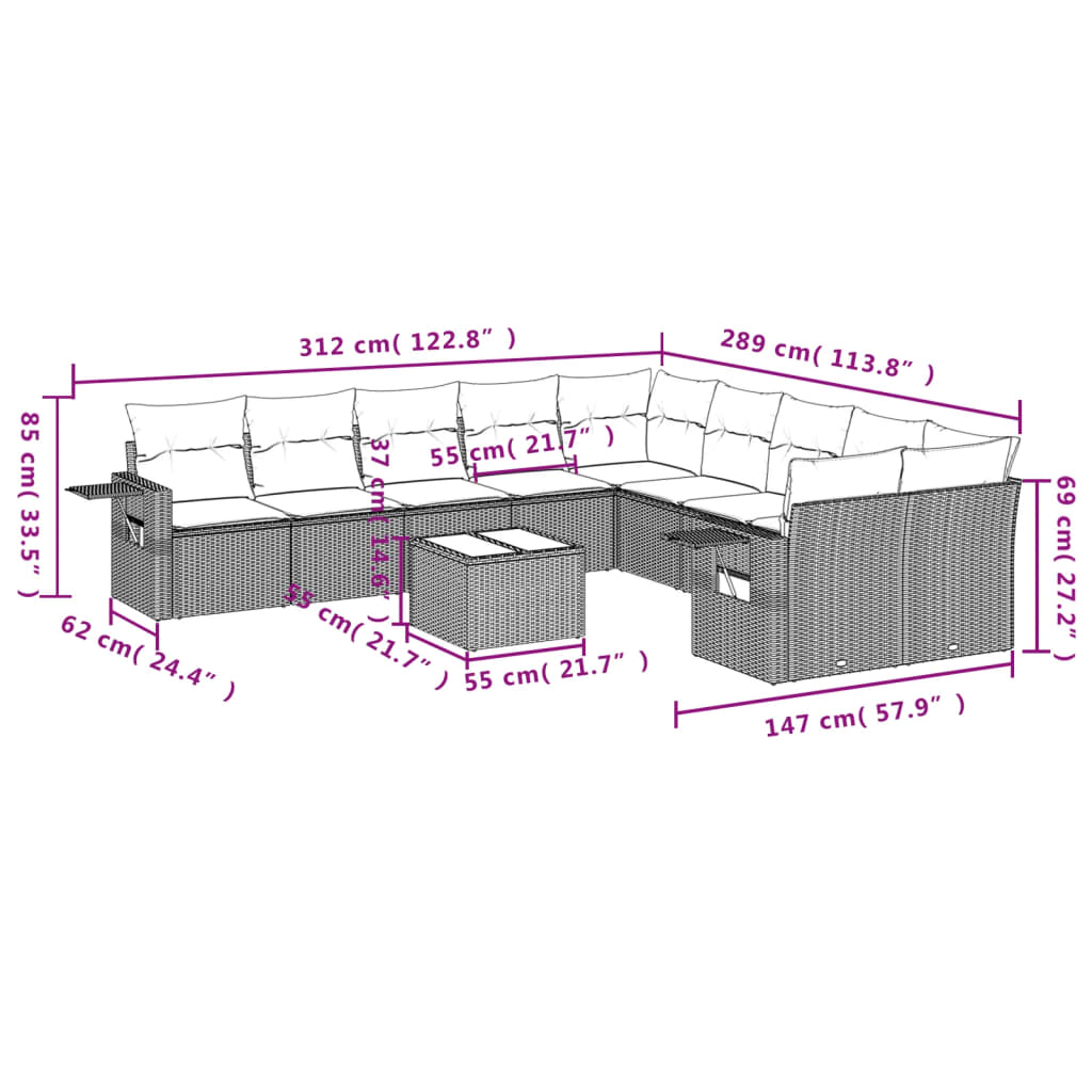 10-teiliges Gartensofa-Set mit Kissen, schwarzes Polyrattan