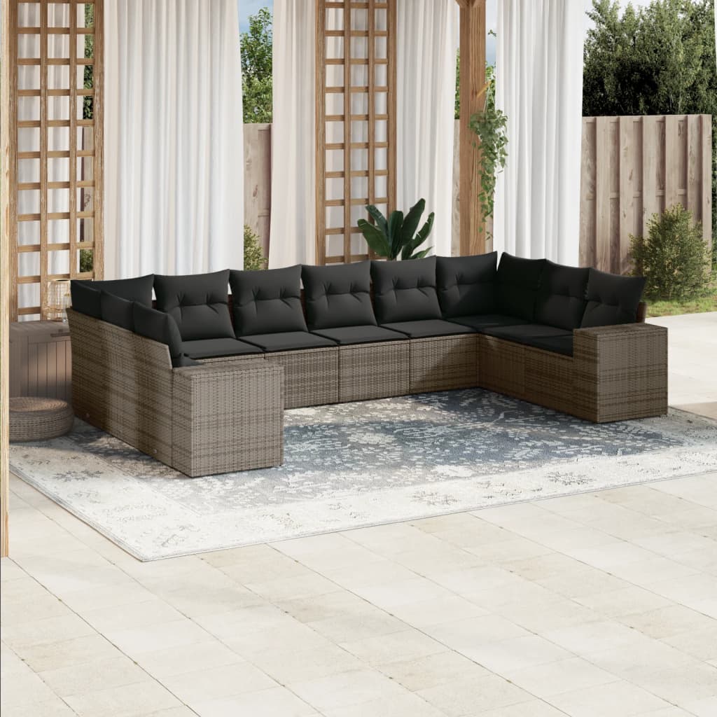 10-tlg. Garten-Sofagarnitur mit Kissen Schwarz Poly Rattan