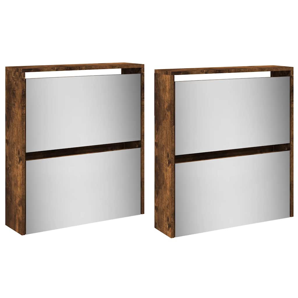 Schuhschrank mit 4 Fächern Spiegel Eiche 63×17×134 cm