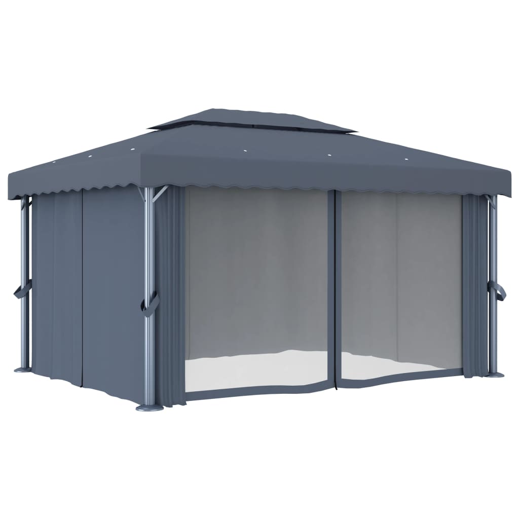 Pavillon mit Vorhängen & LED-Lichterkette 3x3 m Cremeweiß