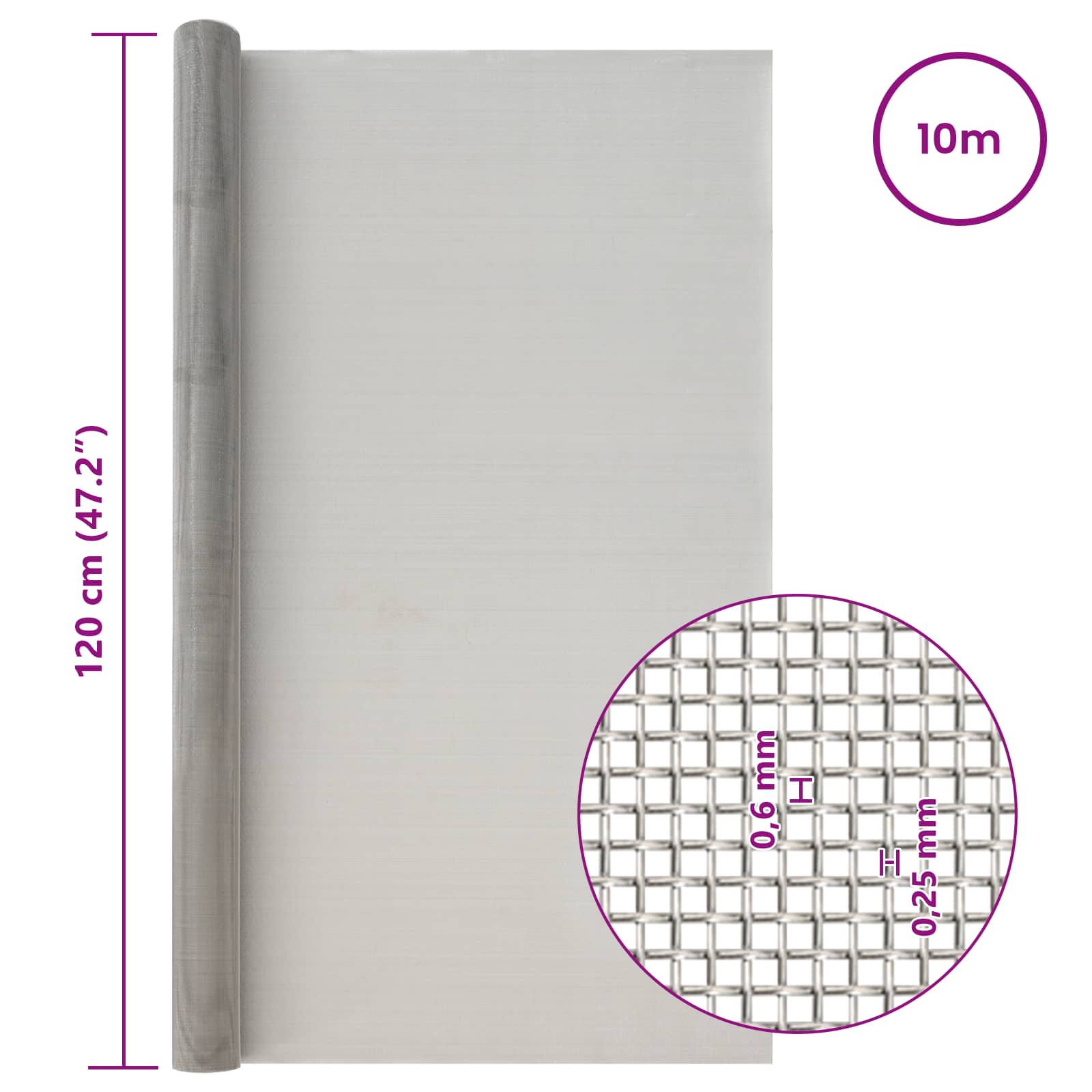 Mesh Bildschirm 20 x 500 cm 20 Mesh Edelstahl 201 Silber