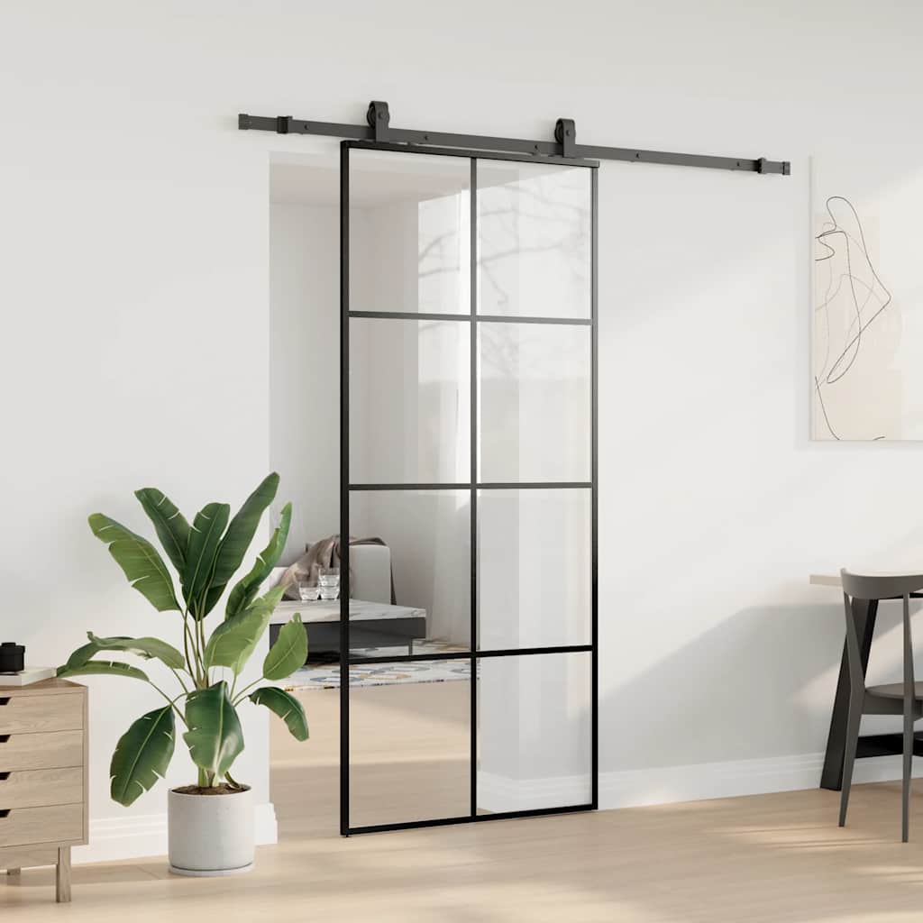 Schiebetür mit Beschlag Schwarz 76x205 cm ESG-Glas