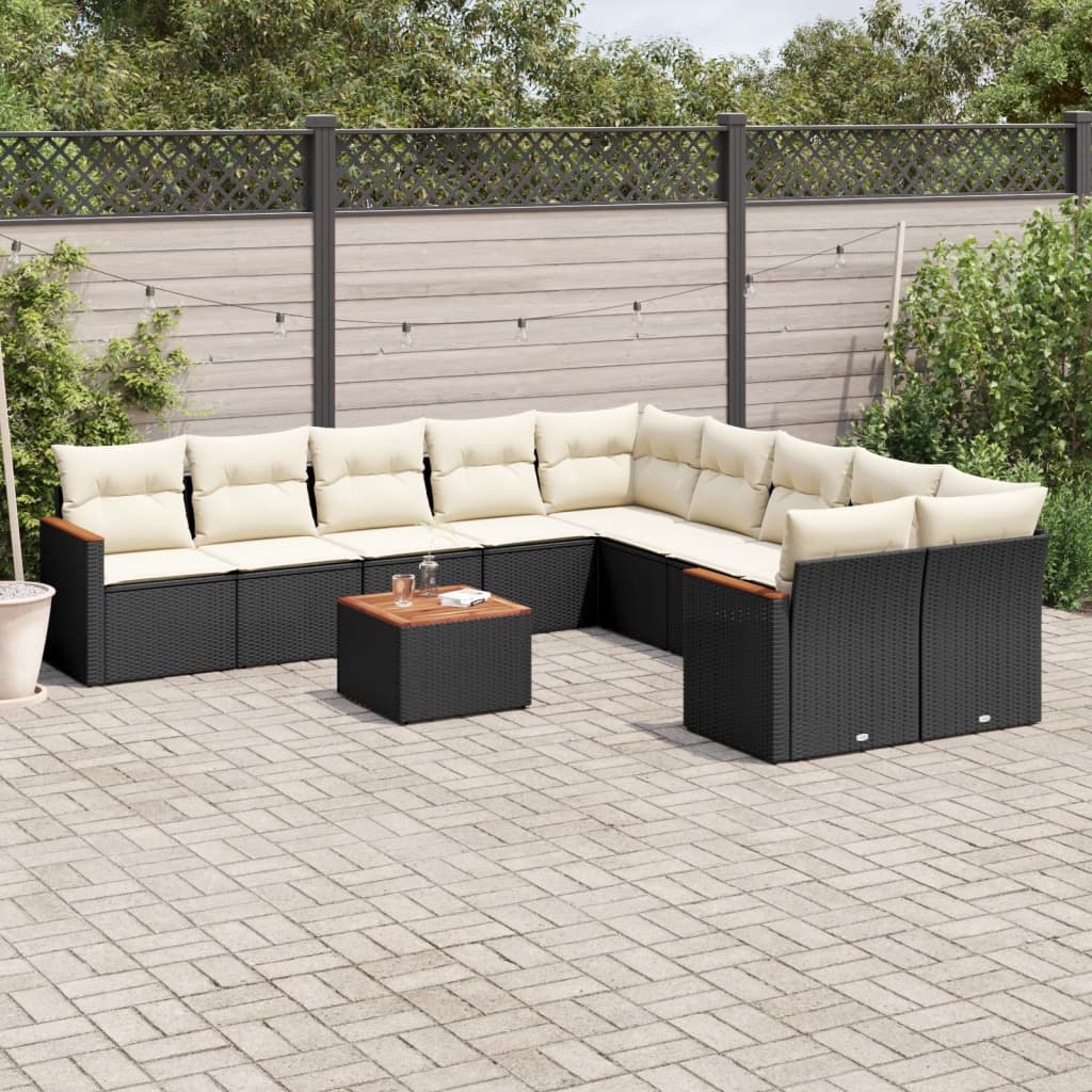 10-tlg. Garten-Sofagarnitur mit Kissen Schwarz Poly Rattan