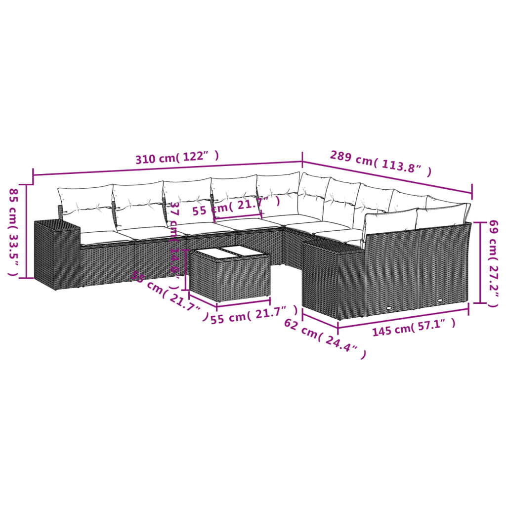 10-teiliges Gartensofa-Set mit Kissen, schwarzes Polyrattan