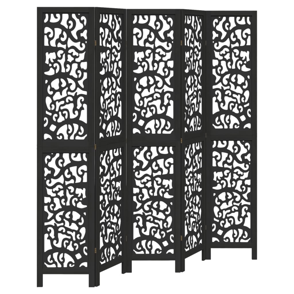 3-tlg. Paravent Schwarz Massivholz Paulownia