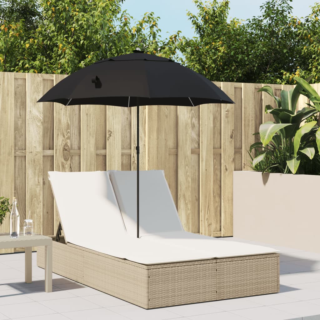 Doppel-Sonnenliege mit Kissen&Sonnenschirm Schwarz Poly Rattan