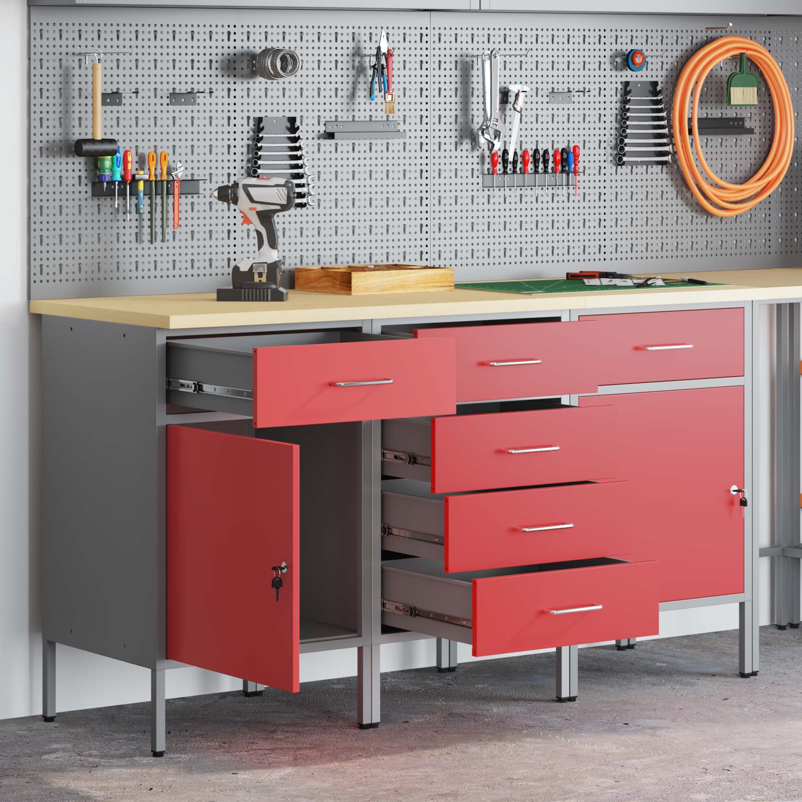 Werkbank mit Schubladen 2 pcs Rot und Grau 100 x 55 x 85 cm