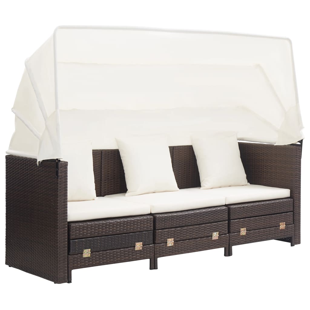 Ausziehbares 3-Sitzer-Schlafsofa mit Dach Poly Rattan Schwarz