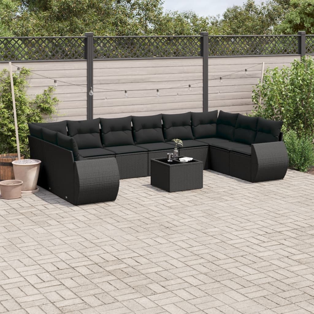 10-tlg. Garten-Sofagarnitur mit Kissen Schwarz Poly Rattan