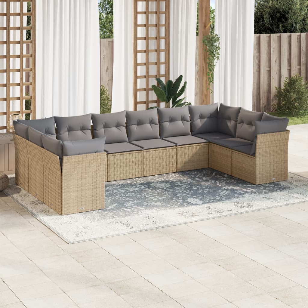 10-tlg. Garten-Sofagarnitur mit Kissen Schwarz Poly Rattan
