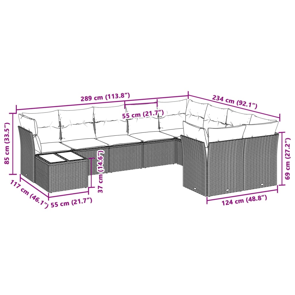 10-tlg. Garten-Sofagarnitur mit Kissen Schwarz Poly Rattan
