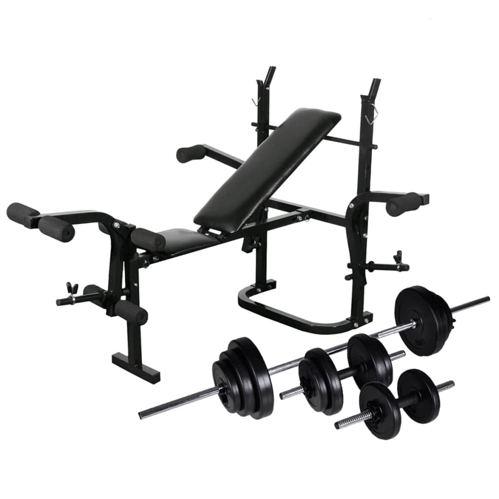 Trainingsbank mit Ablage, Langhantel und Kurzhantel Set 60,5 kg