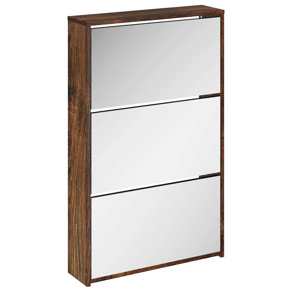 Schuhschrank mit 2 Fächern Spiegel Eiche-Optik 63x17x67 cm