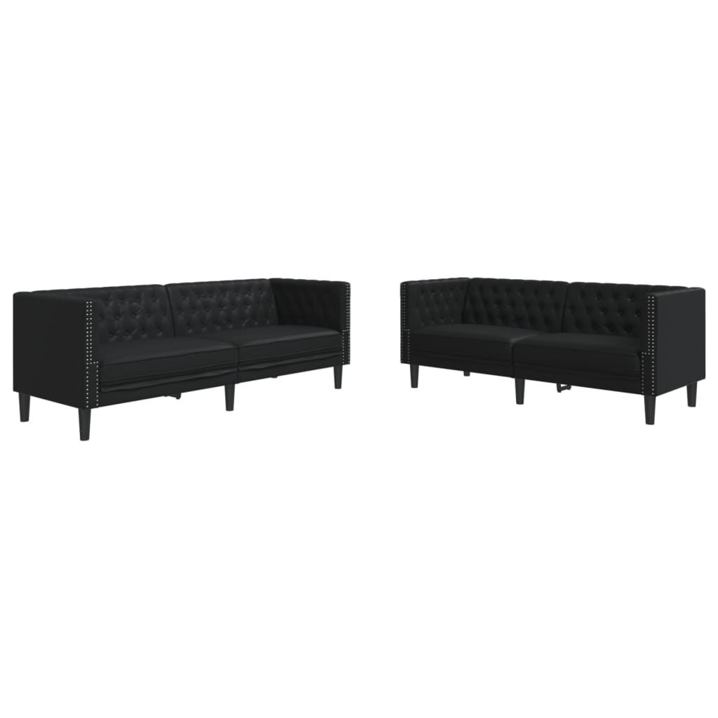 3-tlg. Chesterfield-Sofa-Set Schwarz Kunstleder