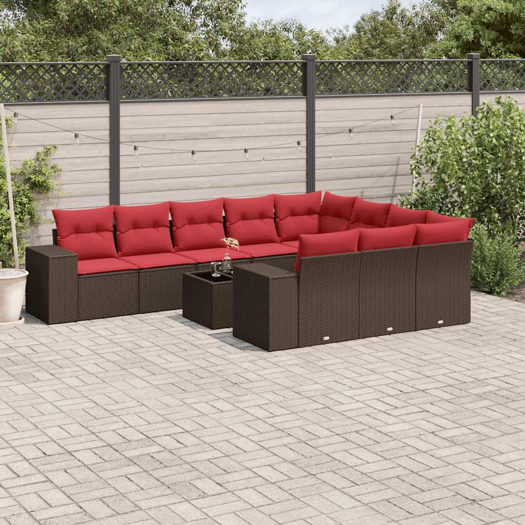 10-teiliges Gartensofa-Set mit Kissen, schwarzes Polyrattan