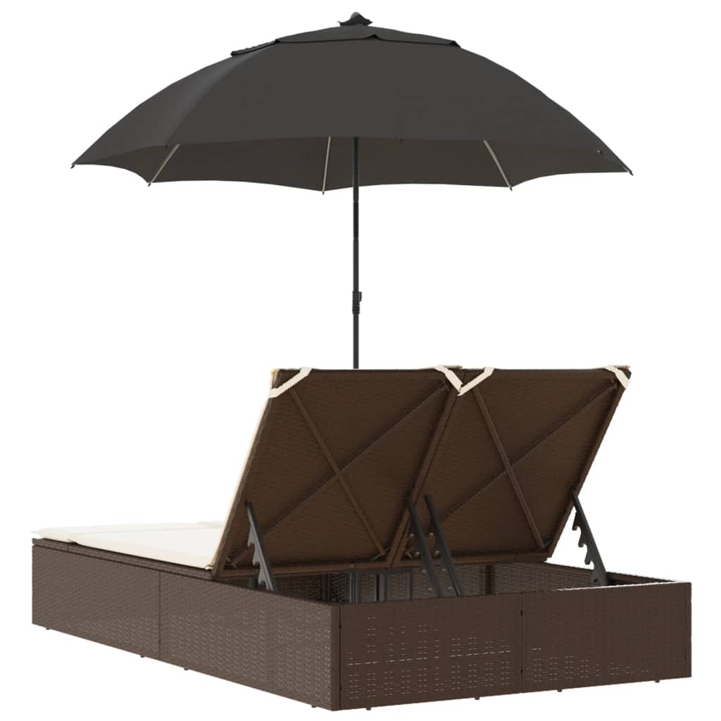 Doppel-Sonnenliege mit Kissen&Sonnenschirm Schwarz Poly Rattan
