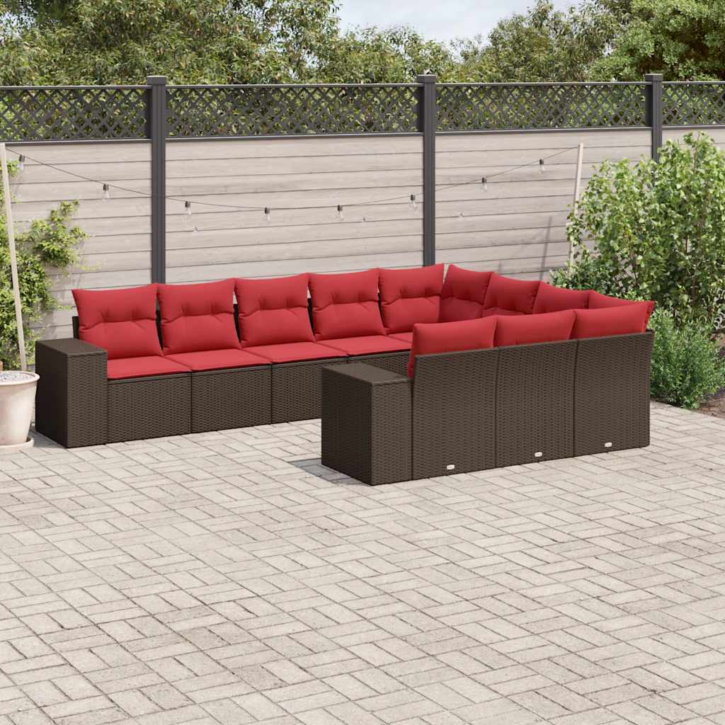 10-teiliges Gartensofa-Set mit Kissen, schwarzes Polyrattan