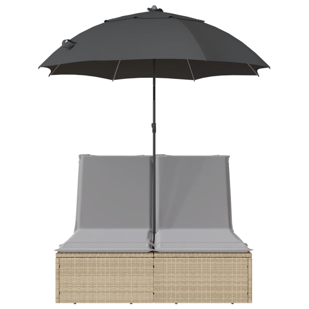 Doppel-Sonnenliege mit Kissen&Sonnenschirm Schwarz Poly Rattan
