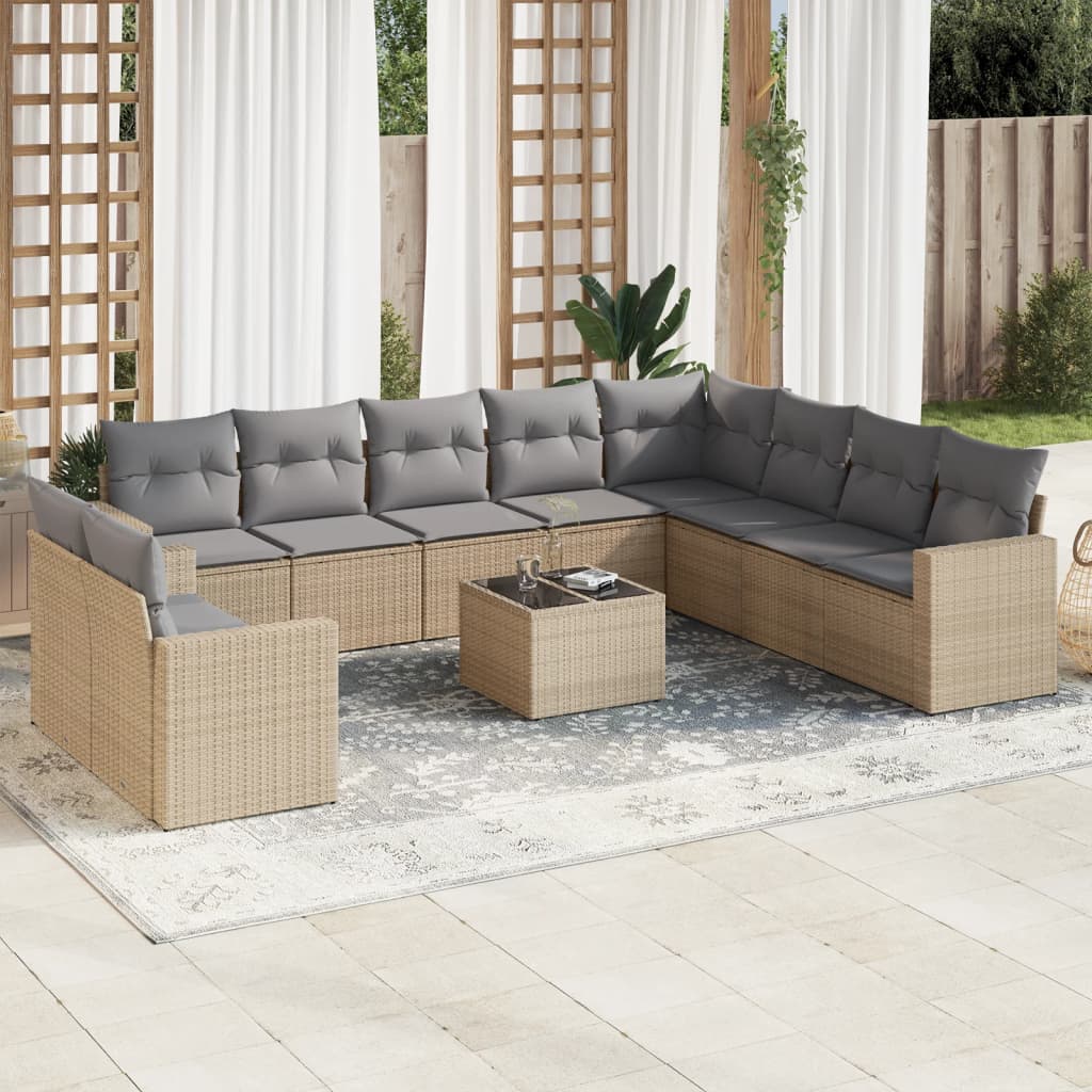 10-tlg. Garten-Sofagarnitur mit Kissen Schwarz Poly Rattan