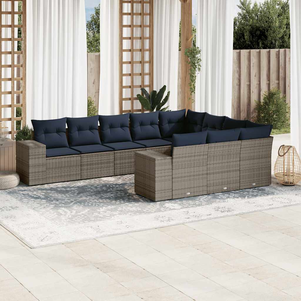 10-teiliges Gartensofa-Set mit Kissen, schwarzes Polyrattan