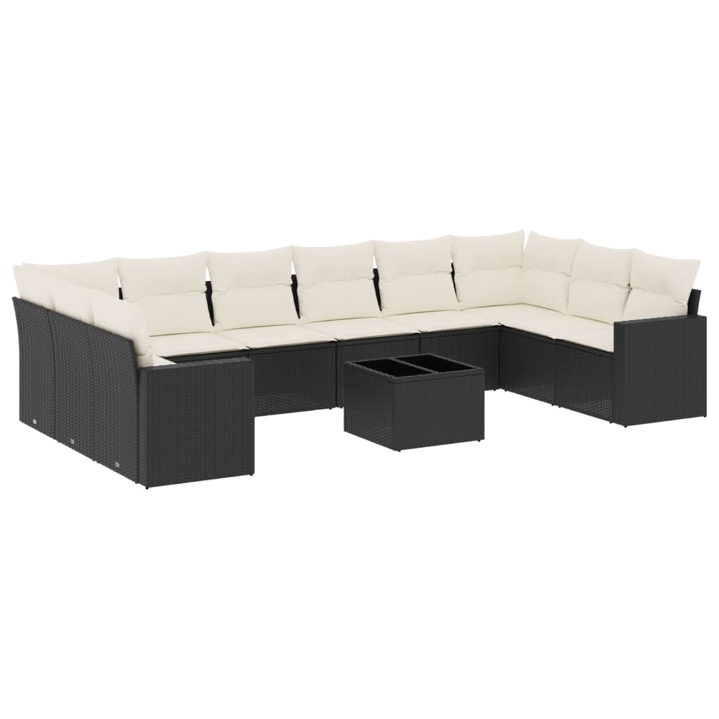 10-tlg. Garten-Sofagarnitur mit Kissen Schwarz Poly Rattan