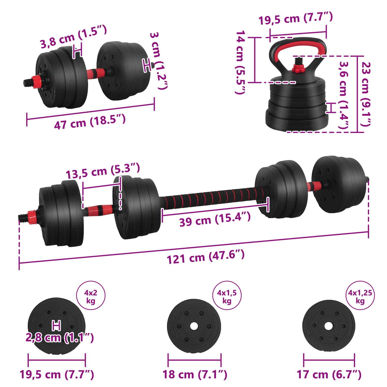 2-in-1 Hantelset 30kg Schwarz und Rot Zement und Eisensand