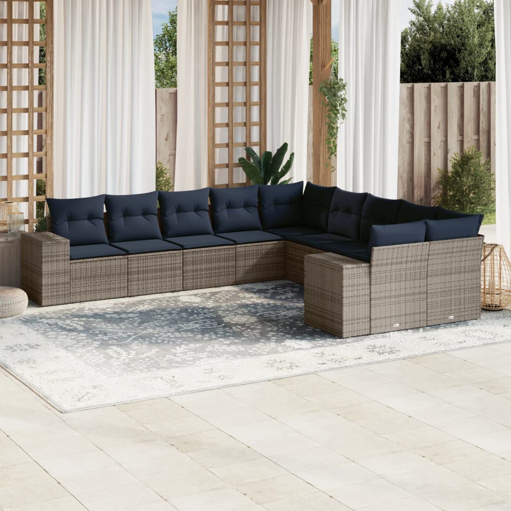 10-teiliges Gartensofa-Set mit Kissen, schwarzes Polyrattan