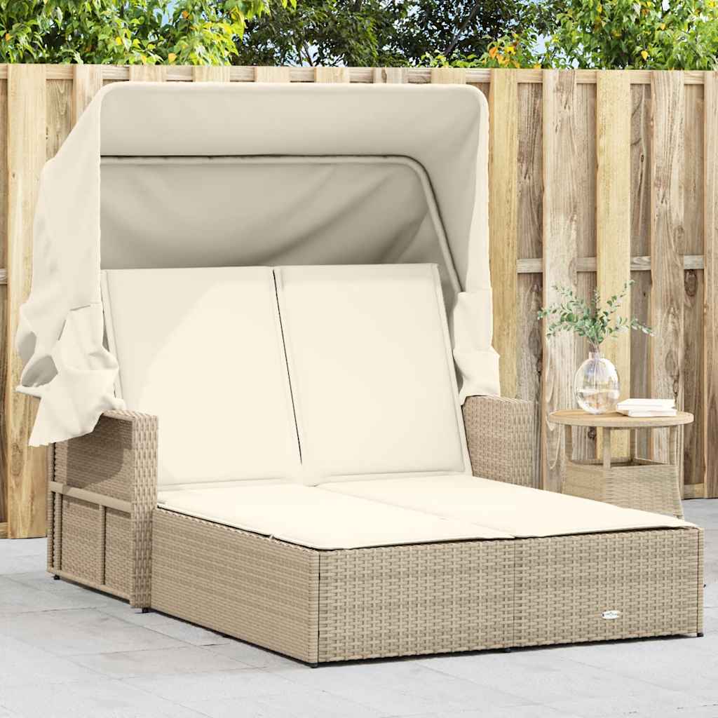 Doppel-Sonnenliege mit Dach und Auflagen Schwarz Poly Rattan