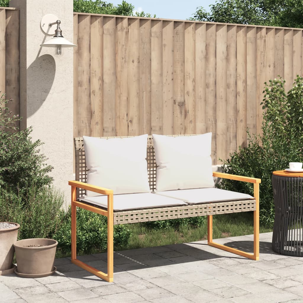 Gartenbank mit Kissen Schwarz Poly Rattan Akazienholz