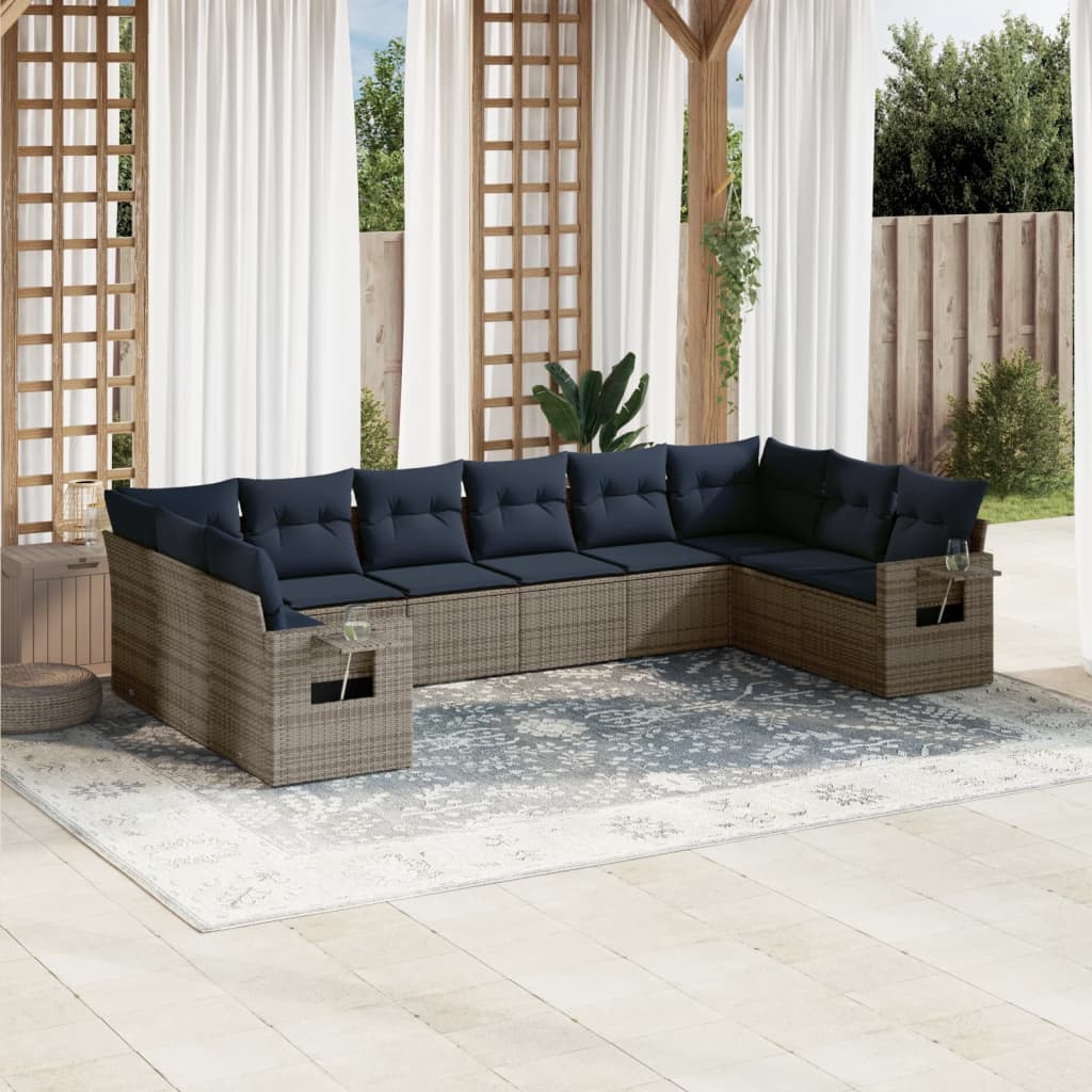 10-teiliges Gartensofa-Set mit Kissen, schwarzes Polyrattan
