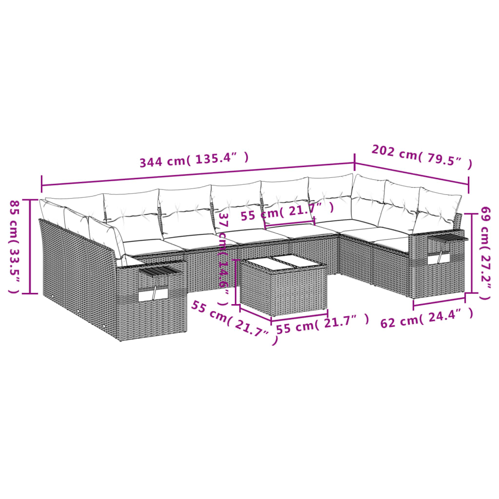 10-tlg. Garten-Sofagarnitur mit Kissen Schwarz Poly Rattan