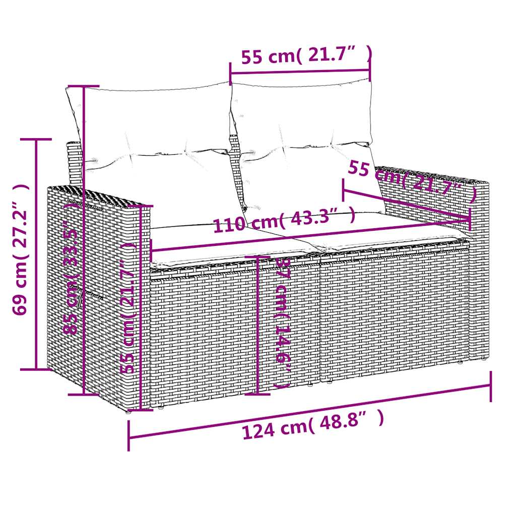 10-teiliges Gartensofa-Set mit Kissen, schwarzes Polyrattan