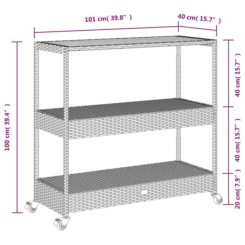 Barwagen 3 Böden Schwarz Poly Rattan und Massivholz Akazie