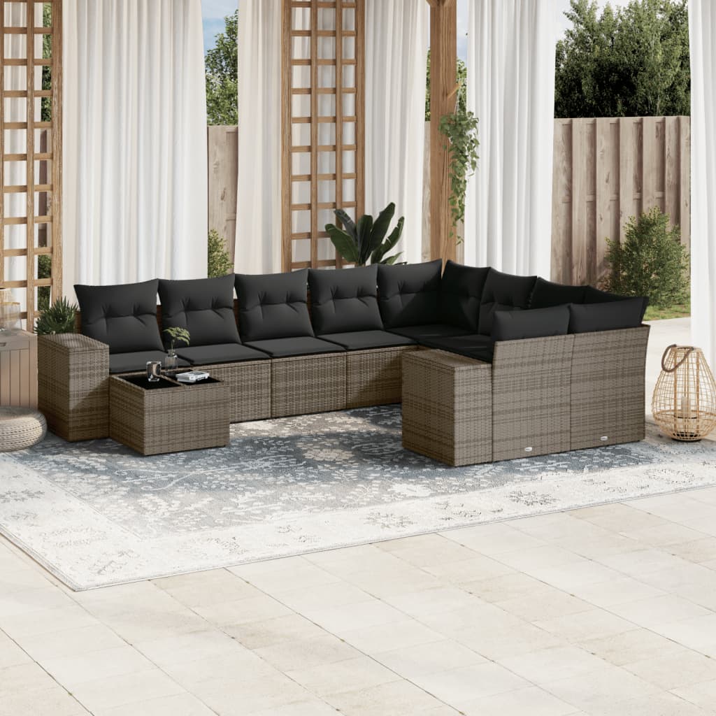 10-tlg. Garten-Sofagarnitur mit Kissen Schwarz Poly Rattan
