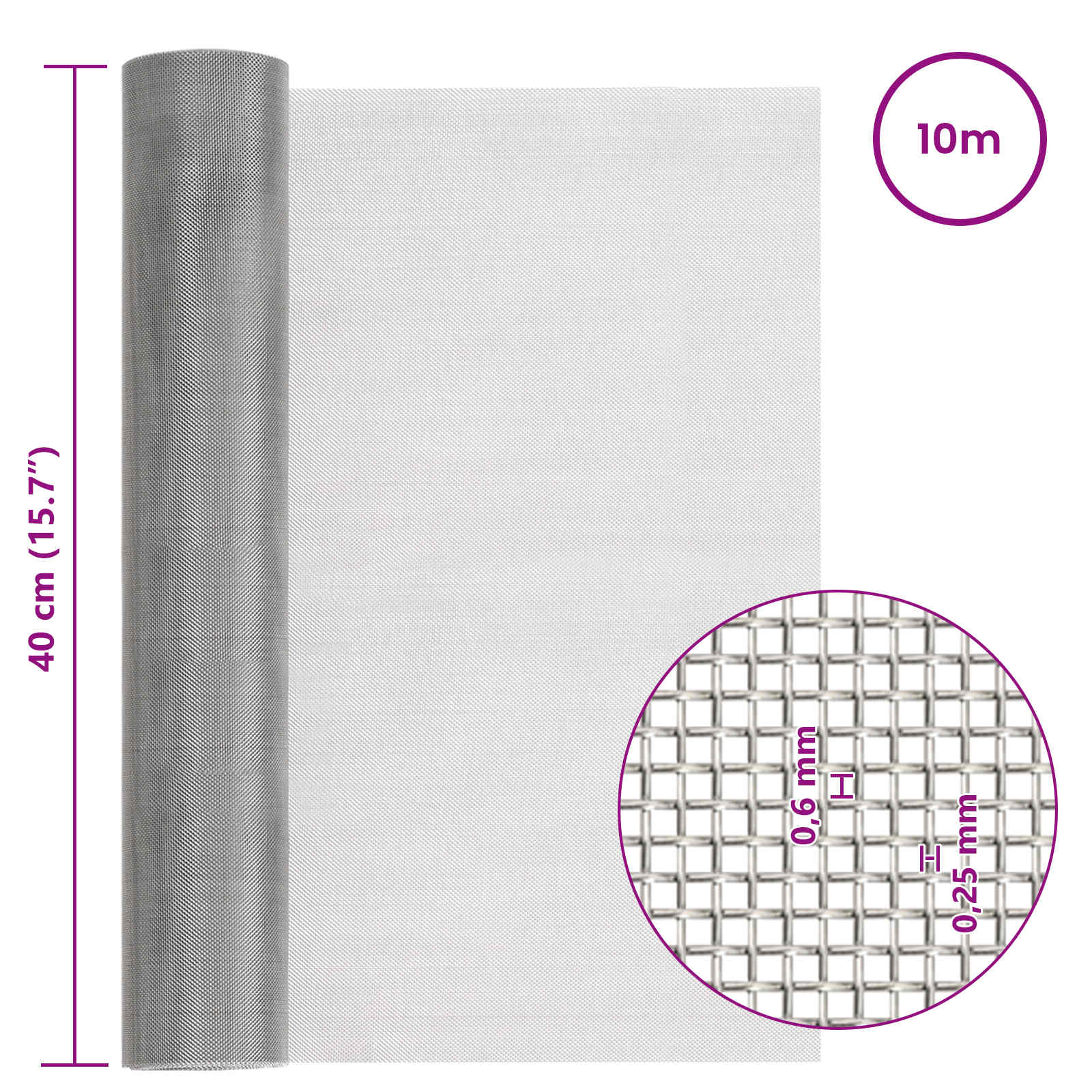 Mesh Bildschirm 20 x 500 cm 20 Mesh Edelstahl 201 Silber