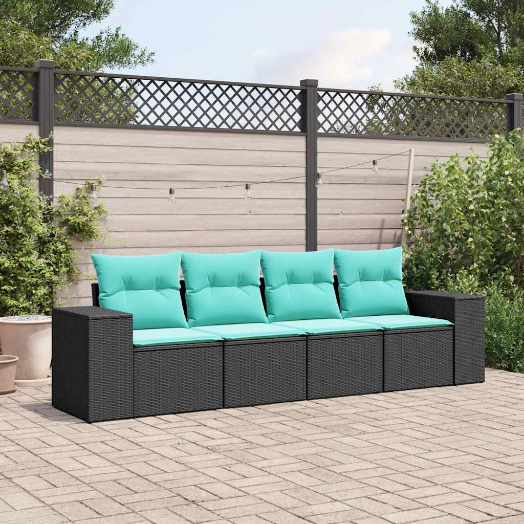 4-teiliges Gartensofa-Set mit Kissen, schwarzes Polyrattan