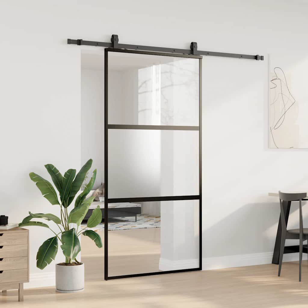 Schiebetür mit Beschlag Schwarz 76x205 cm Hartglas