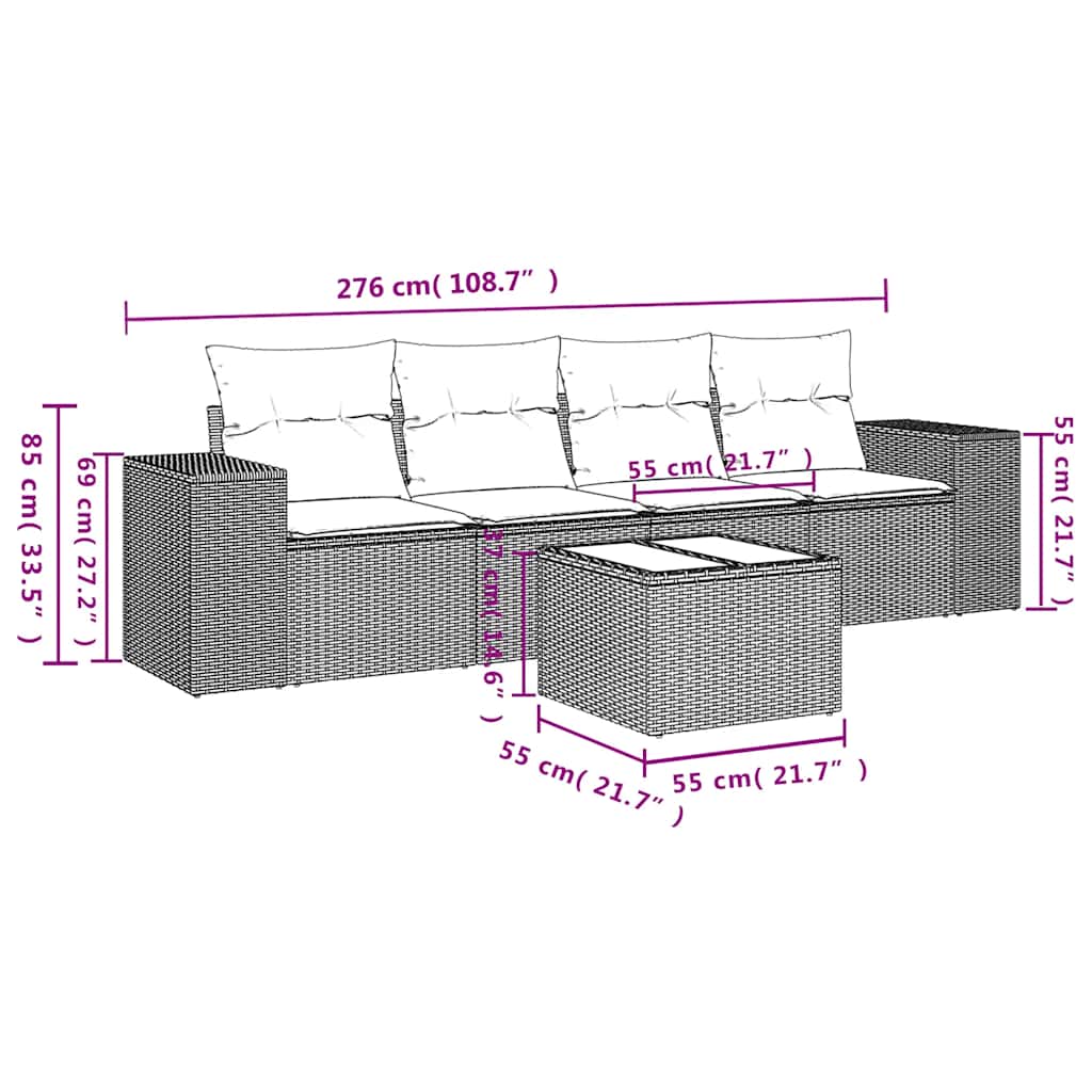 4-teiliges Gartensofa-Set mit Kissen, schwarzes Polyrattan