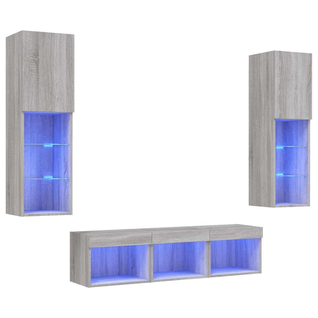 5-tlg. Wohnwand mit LED-Beleuchtung Weiß Holzwerkstoff