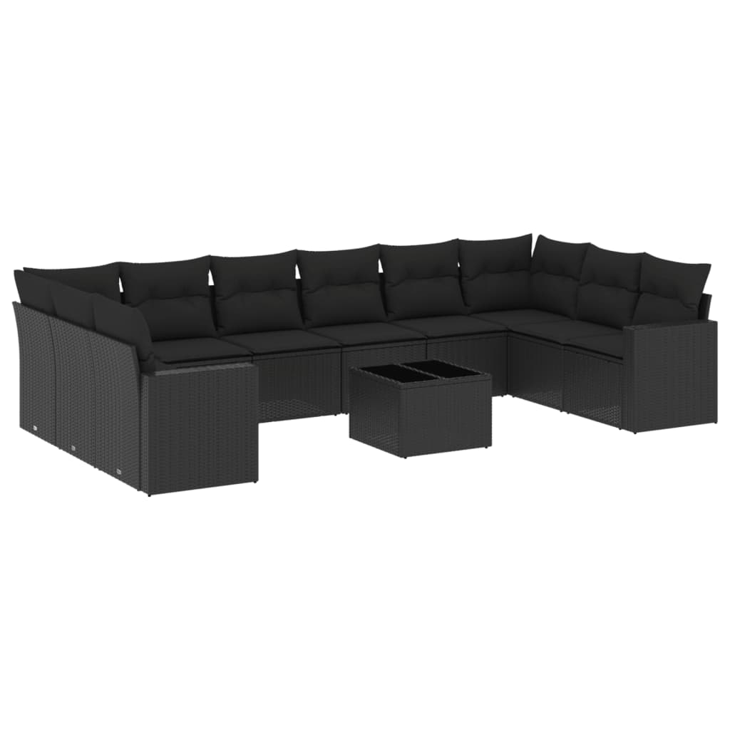 10-tlg. Garten-Sofagarnitur mit Kissen Schwarz Poly Rattan